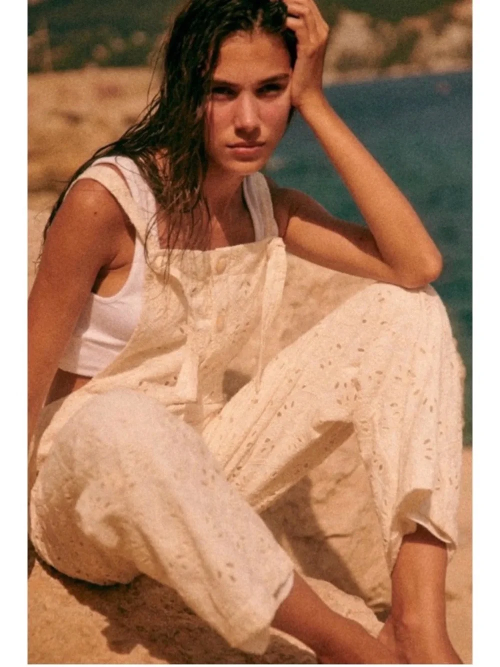 Sezane Brian Eyelet Linen-Blend Overalls in Cream/Ecru